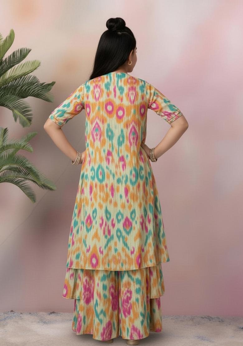 Girls Multicolor Ikat Print Crepe Fusion Set - Indya
