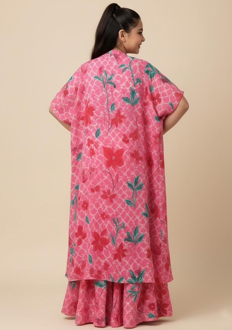 Girls Pink Floral Print Crepe Fusion Set - Indya