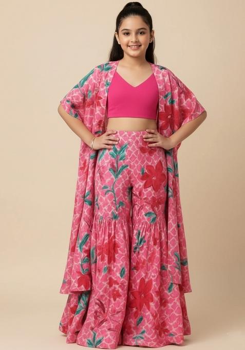Girls Pink Floral Print Crepe Fusion Set