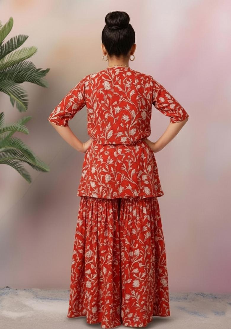 Girls Red Floral Print Georgette Fusion Set - Indya