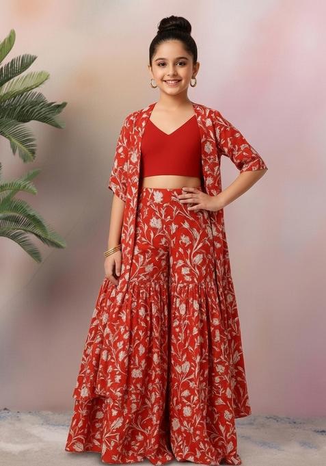 Girls Red Floral Print Georgette Fusion Set