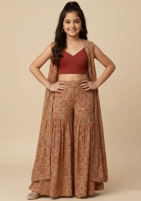 Girls Beige Floral Print Georgette Fusion Set