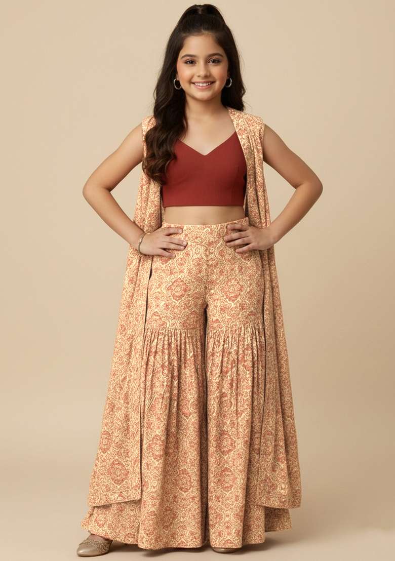 Girls Beige Floral Print Georgette Fusion Set - Indya