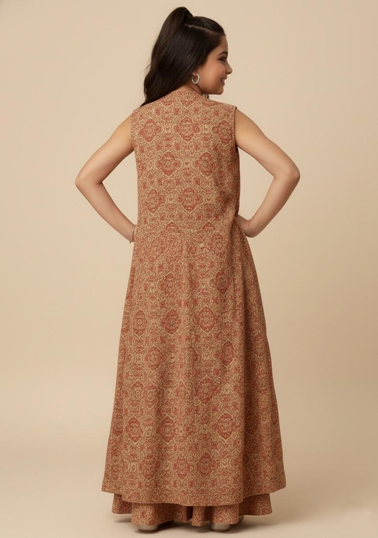 Girls Beige Floral Print Georgette Fusion Set - Indya