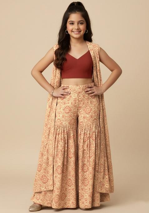 Girls Beige Floral Print Georgette Fusion Set