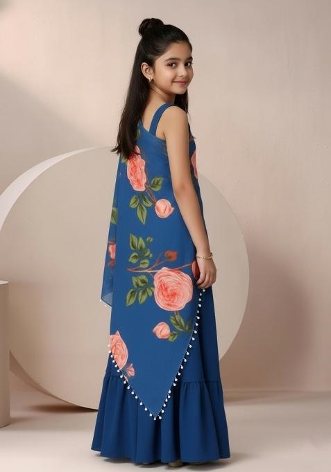 Girls Blue Floral Print Satin Fusion Set