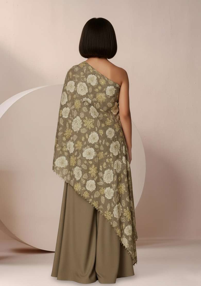 Girls Light Brown Floral Print Satin Fusion Set - Indya