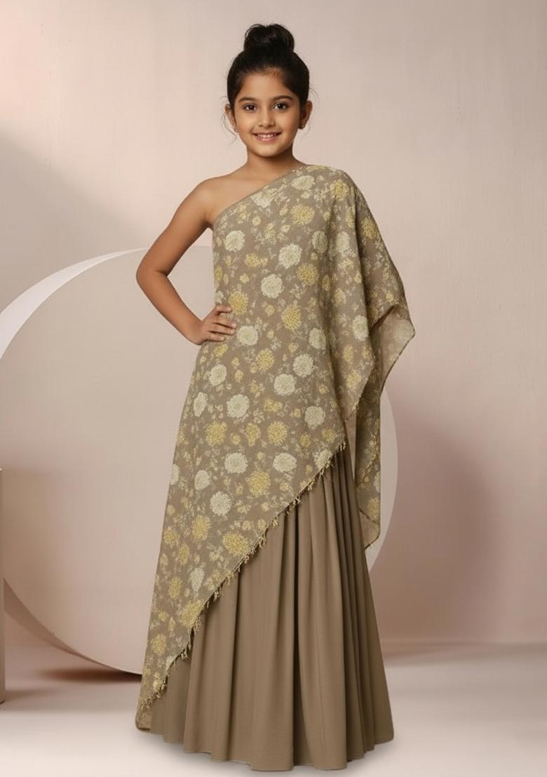 Girls Light Brown Floral Print Satin Fusion Set - Indya