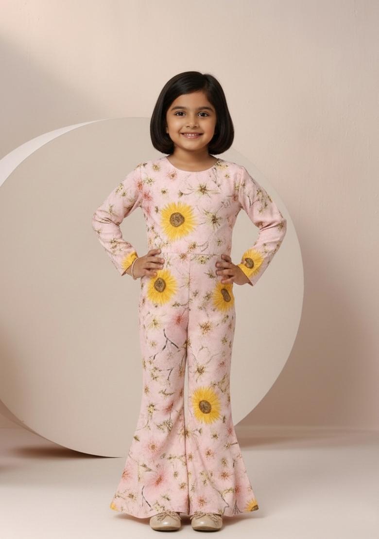 Girls Pastel Pink Floral Print Satin Fusion Set - Indya