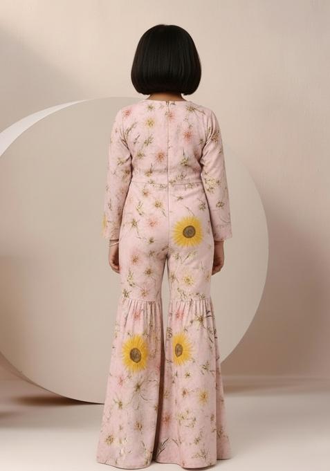 Girls Pastel Pink Floral Print Satin Fusion Set