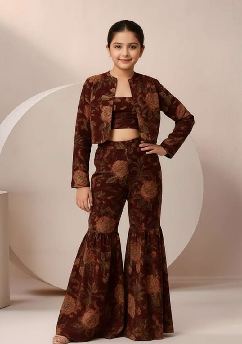Girls Wine Floral Print Satin Fusion Set - Indya
