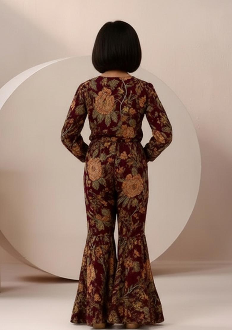 Girls Wine Floral Print Satin Fusion Set - Indya