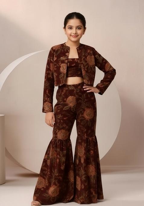 Girls Wine Floral Print Satin Fusion Set