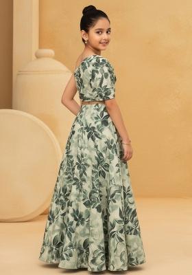 Girls Green Floral Print Satin Fusion Set