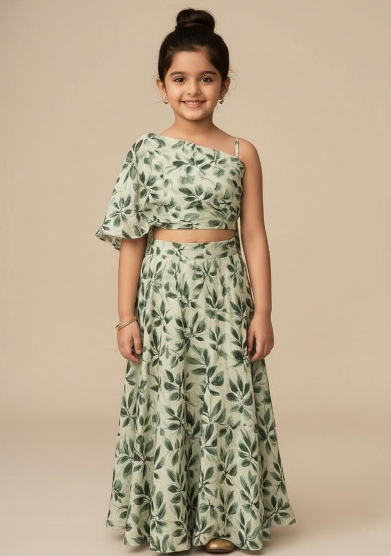 Girls Green Floral Print Satin Fusion Set - Indya