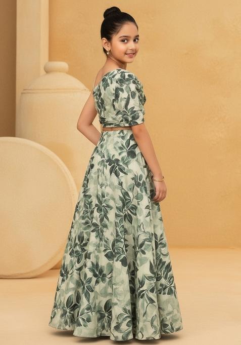 Girls Green Floral Print Satin Fusion Set