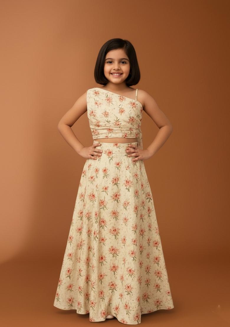 Girls Pista Green Floral Print Satin Fusion Set - Indya