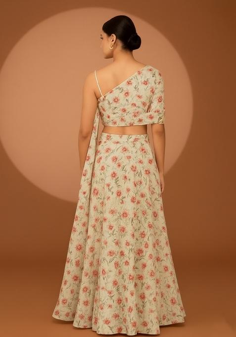 Girls Pista Green Floral Print Satin Fusion Set