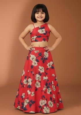 Girls Red Floral Print Satin Fusion Set