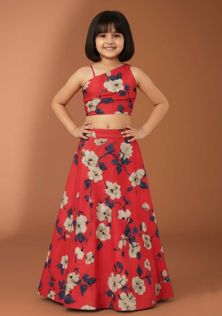 Girls Red Floral Print Satin Fusion Set - Indya