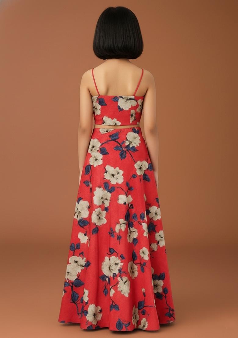 Girls Red Floral Print Satin Fusion Set - Indya