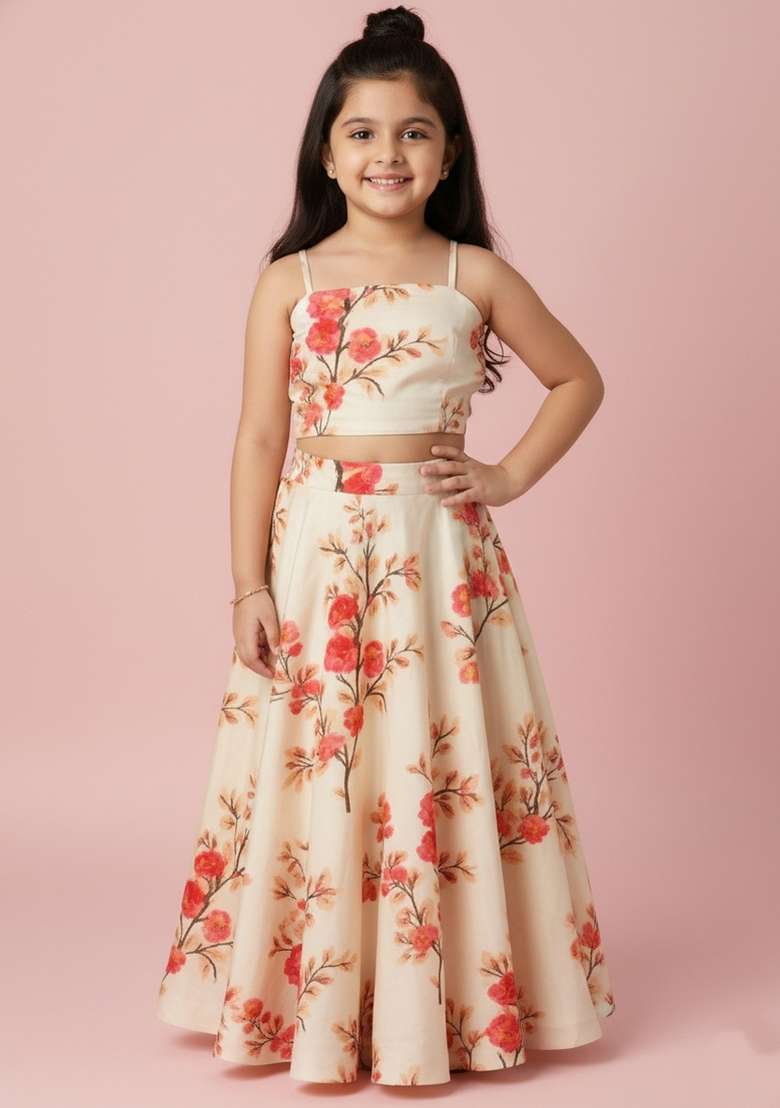 Girls Cream Floral Print Satin Fusion Set - Indya