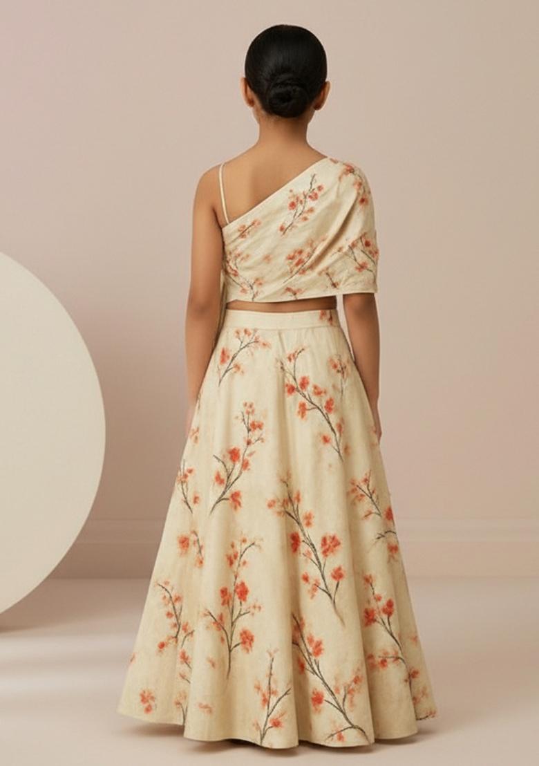 Girls Cream Floral Print Satin Fusion Set - Indya