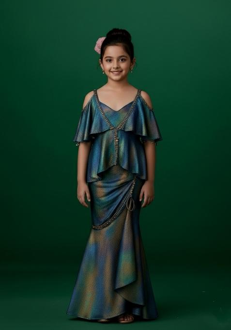 Girls Multicolor Textured Satin Fusion Set