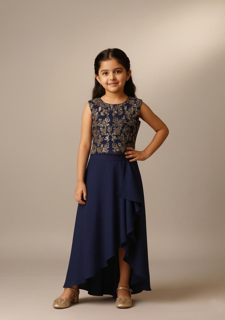 Girls Blue Embroidered Georgette Fusion Set - Indya