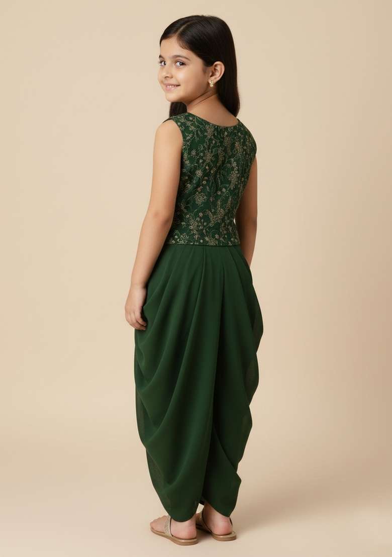 Girls Green Embroidered Georgette Fusion Set - Indya