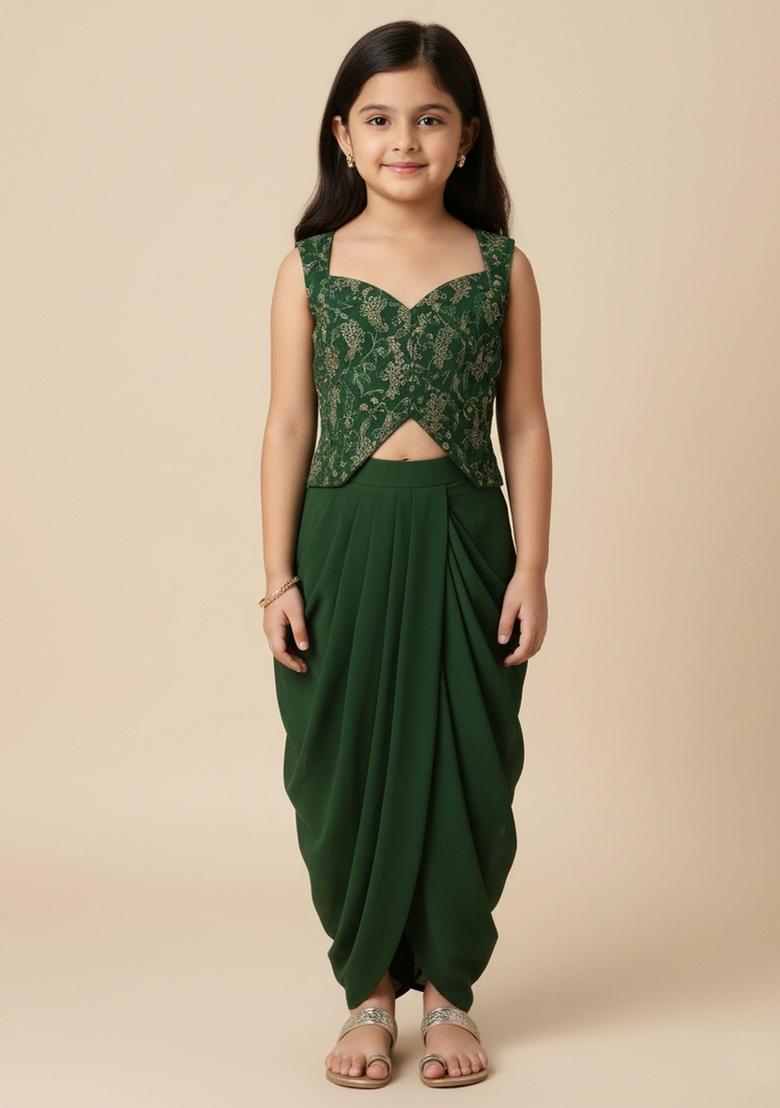 Girls Green Embroidered Georgette Fusion Set - Indya