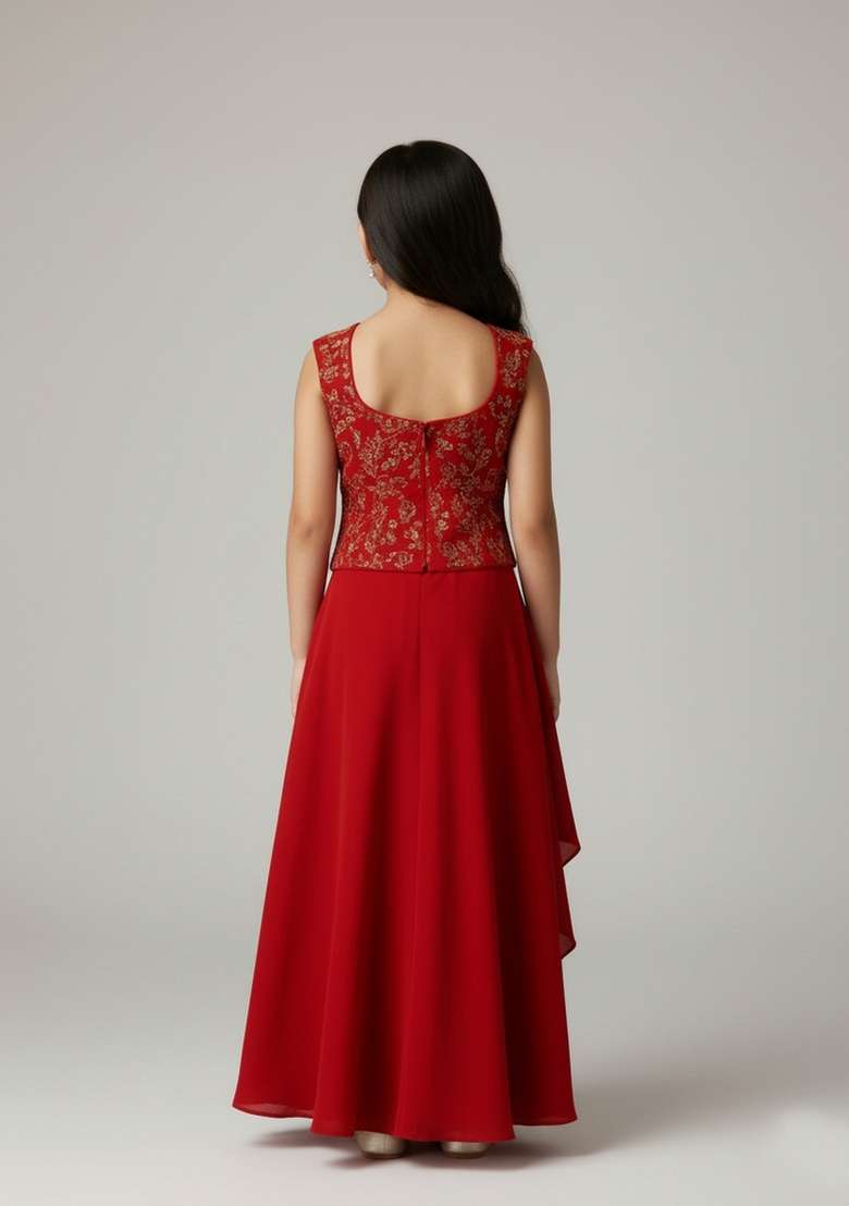 Girls Red Embroidered Georgette Fusion Set - Indya