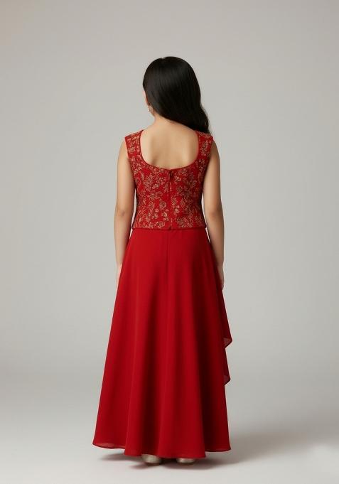 Girls Red Embroidered Georgette Fusion Set