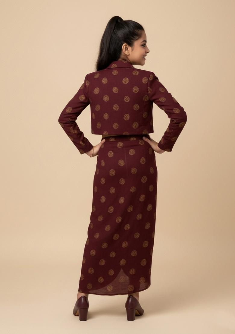 Girls Burgundy Brocade Co-Ord Set - Indya