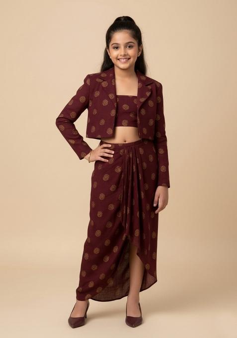 Girls Burgundy Brocade Co-Ord Set