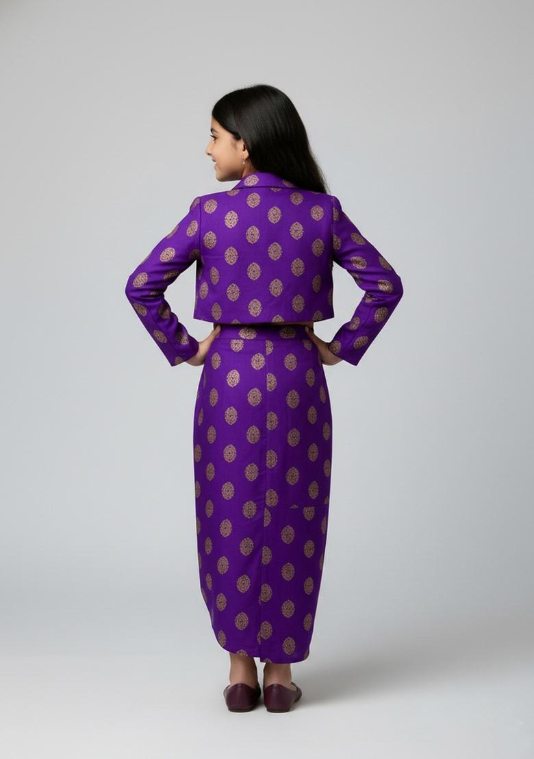 Girls Purple Brocade Co-Ord Set - Indya