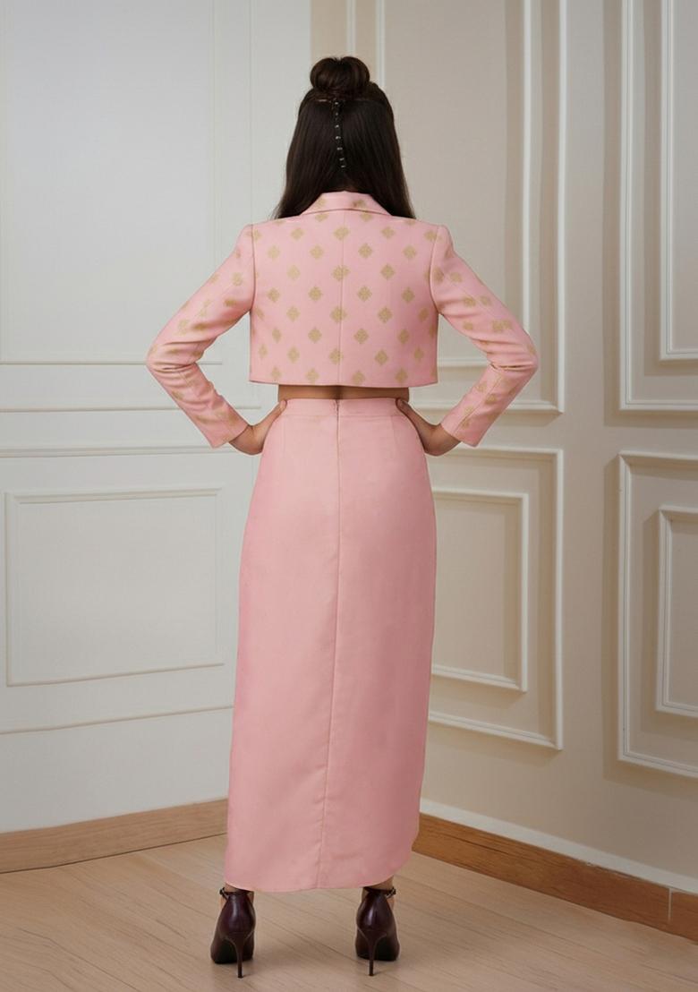 Girls Pastel Pink Brocade Co-Ord Set - Indya