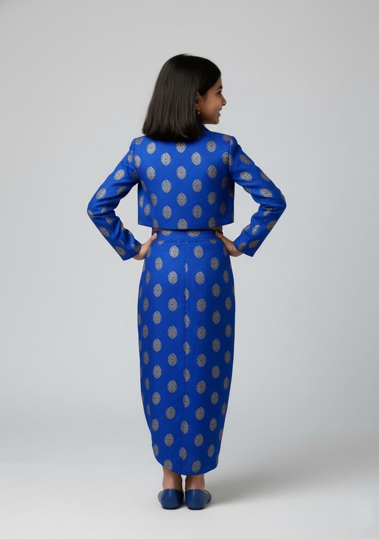 Girls Blue Brocade Co-Ord Set - Indya