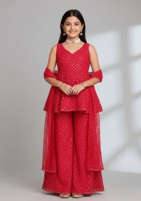 Girls Pink Embroidered Georgette Kurta Set