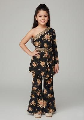 Girls Black Floral Print Chiffon Kurta Set