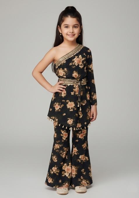 Girls Black Floral Print Chiffon Kurta Set