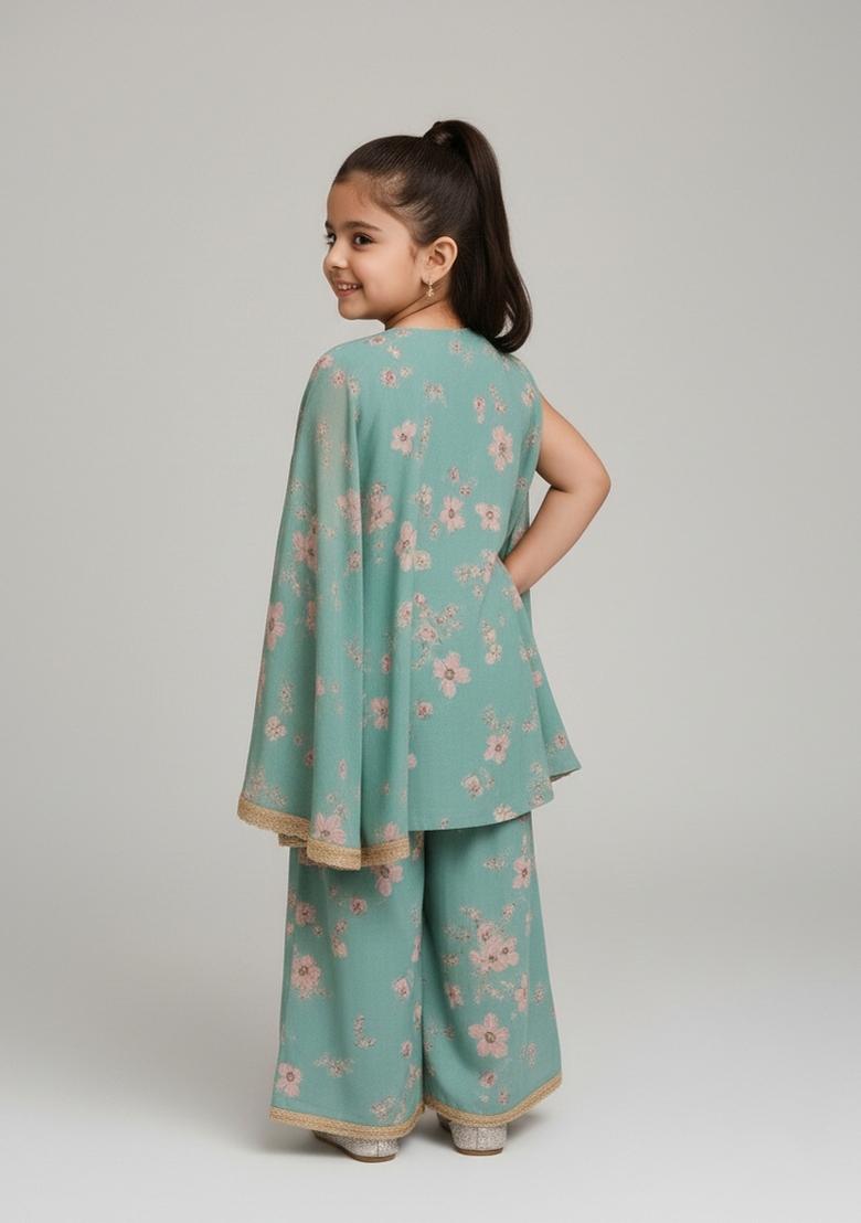 Girls Teal Green Floral Print Kurta Set - Indya