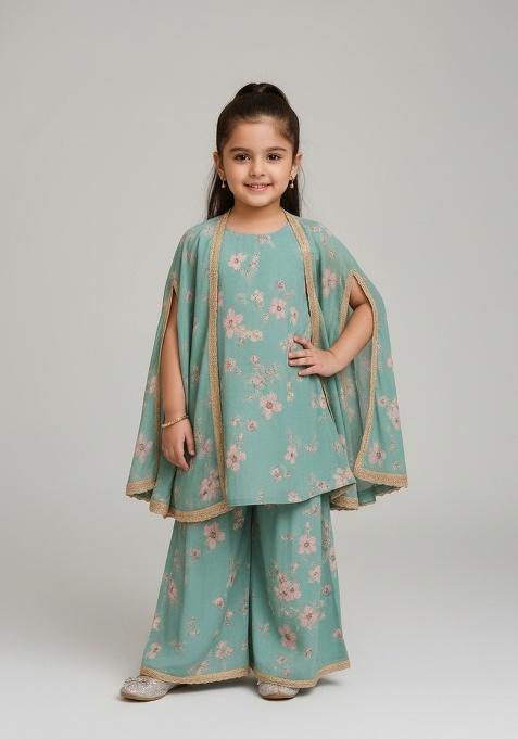 Girls Teal Green Floral Print Kurta Set