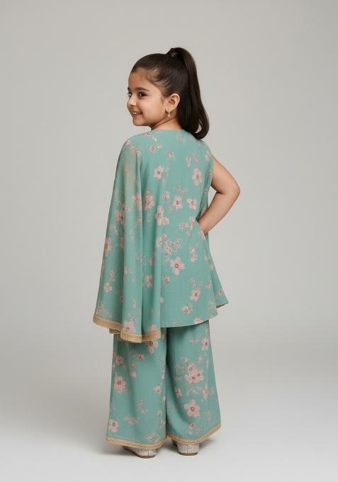 Girls Teal Green Floral Print Kurta Set