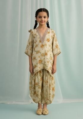 Girls Beige Floral Print Kurta Set