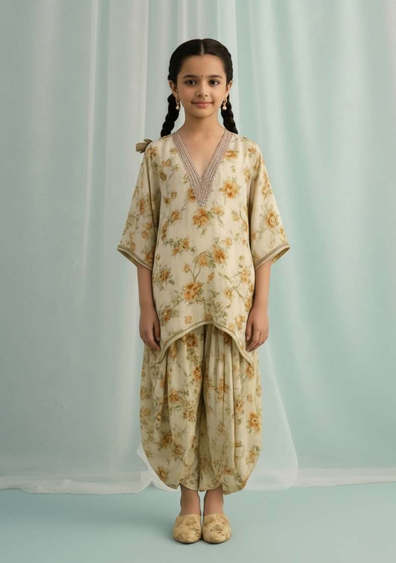 Girls Beige Floral Print Kurta Set - Indya