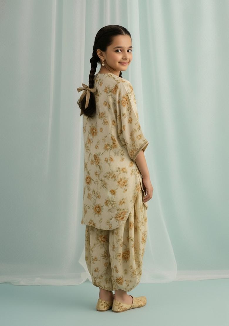 Girls Beige Floral Print Kurta Set - Indya
