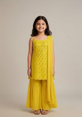 Girls Yellow Embroidered Georgette Kurta Set