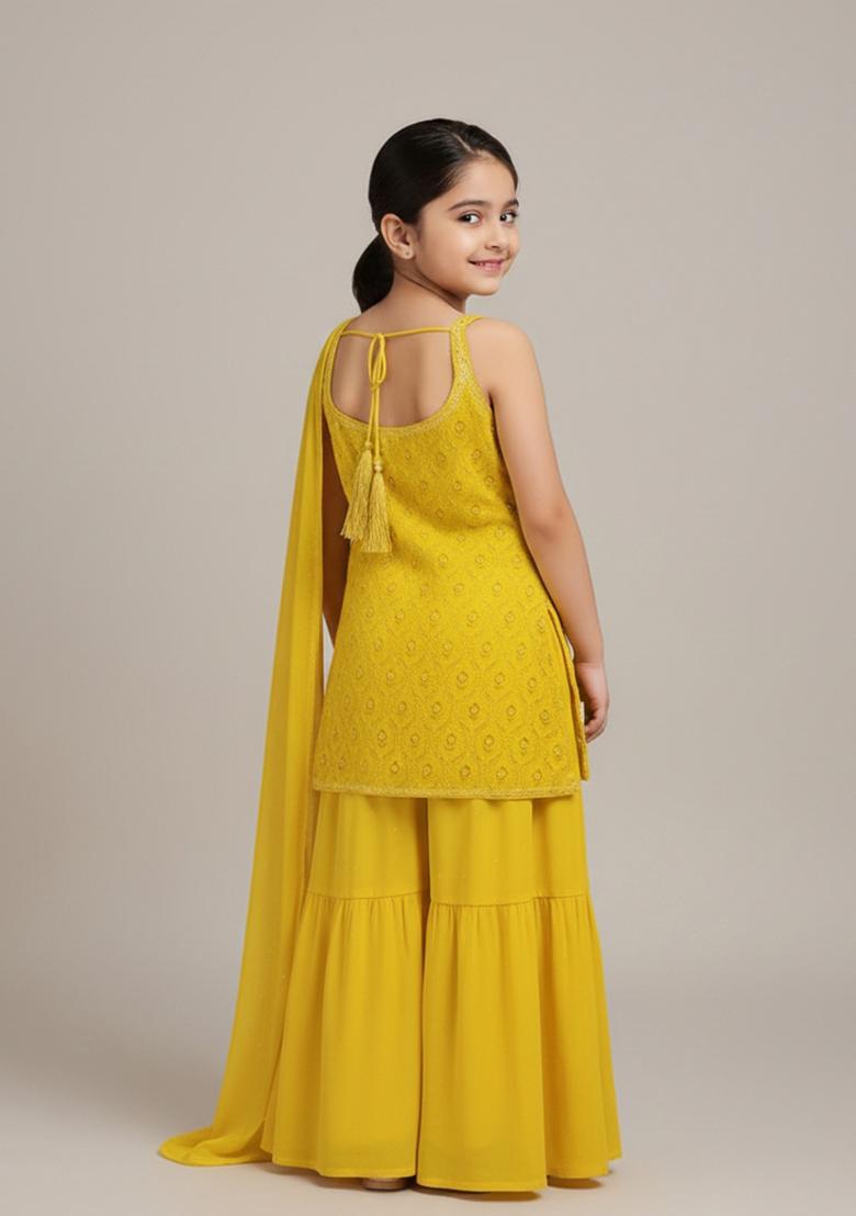 Girls Yellow Embroidered Georgette Kurta Set - Indya