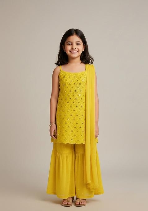 Girls Yellow Embroidered Georgette Kurta Set
